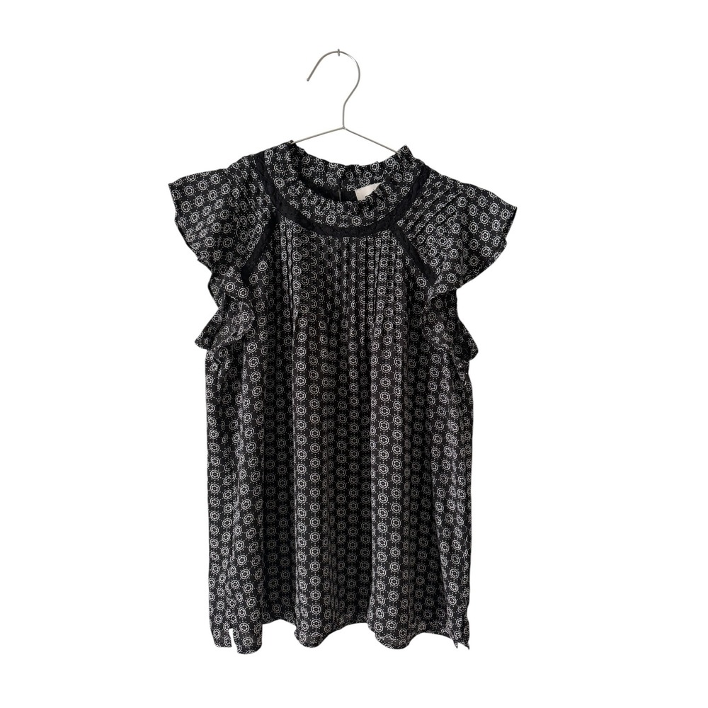 LOFT Petites Blouse Womens M Black White Floral Print Flutter Sleeve Career Boho